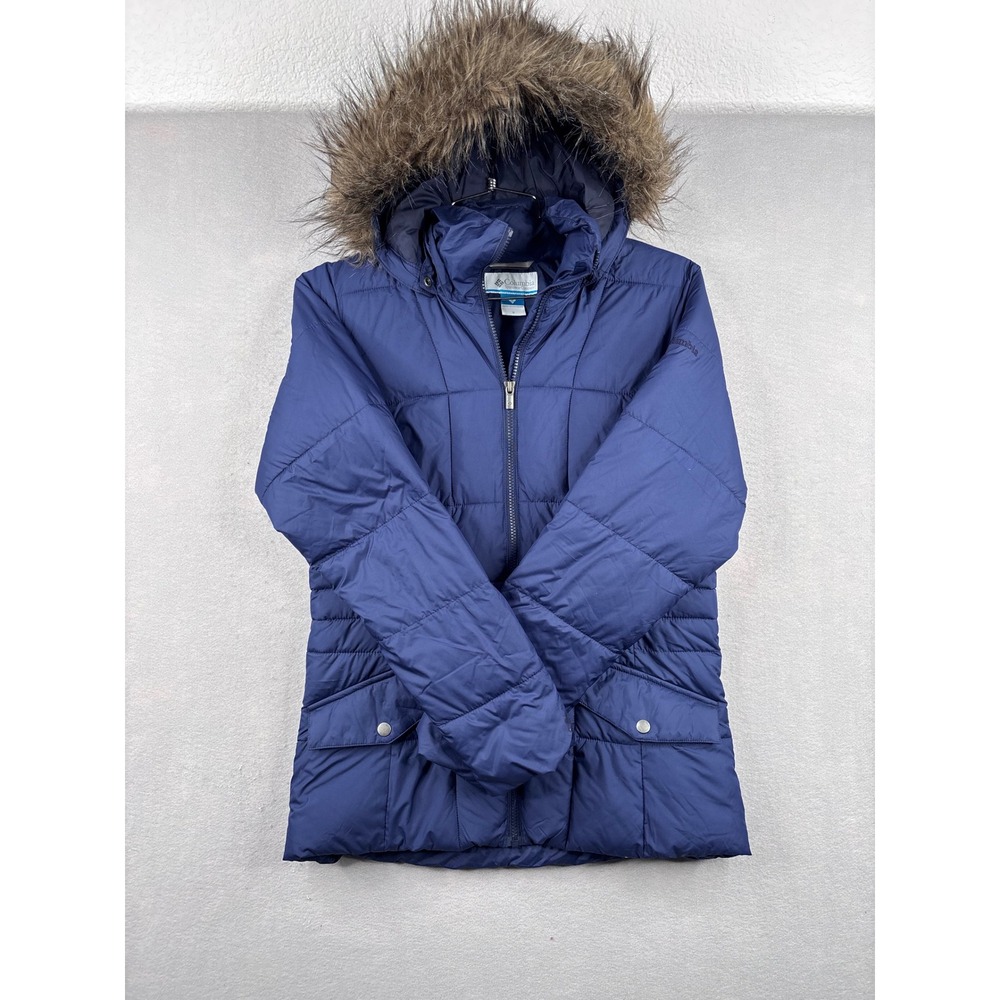 Columbia Womens Puffer Jacket Navy Blue Faux Fur Hood Insulated Parka Small